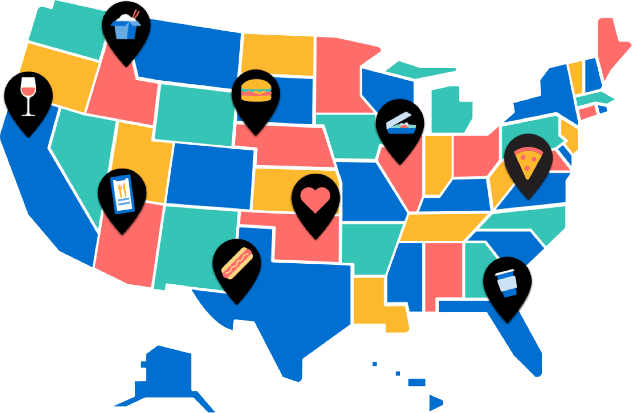 Map of the US with store type icons on pins.