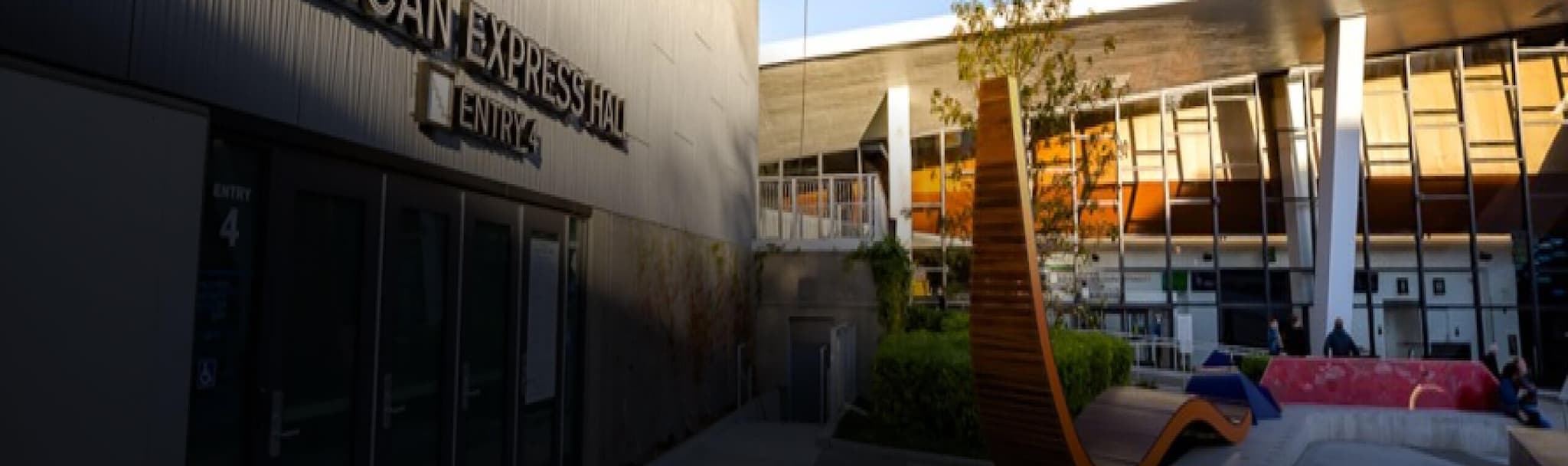 An outside view of the American Express Hall entrance at Climate Pledge Arena