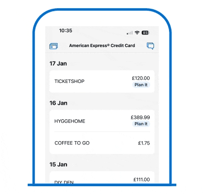 The American Express® App showing a list of transactions with the Plan It icon beside eligible purchases. 