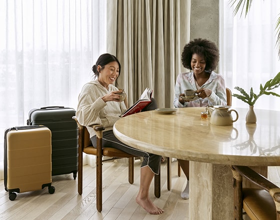 Two women in airport lounge