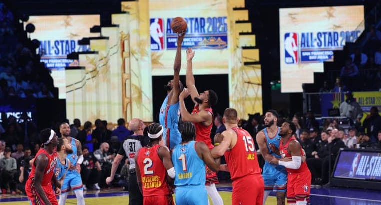 Basketball players on court