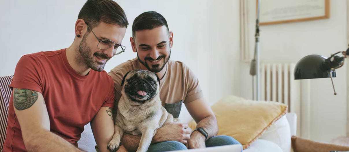 Two friends check their credit score online via their laptop while sitting on their couch and holding their dog