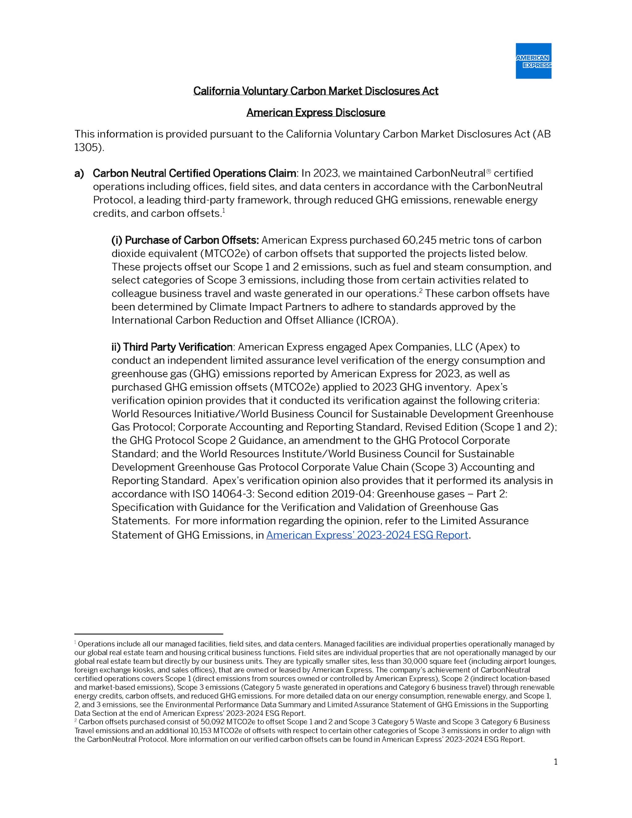 Download the California Voluntary Carbon Market Disclosures - American Express - 2024