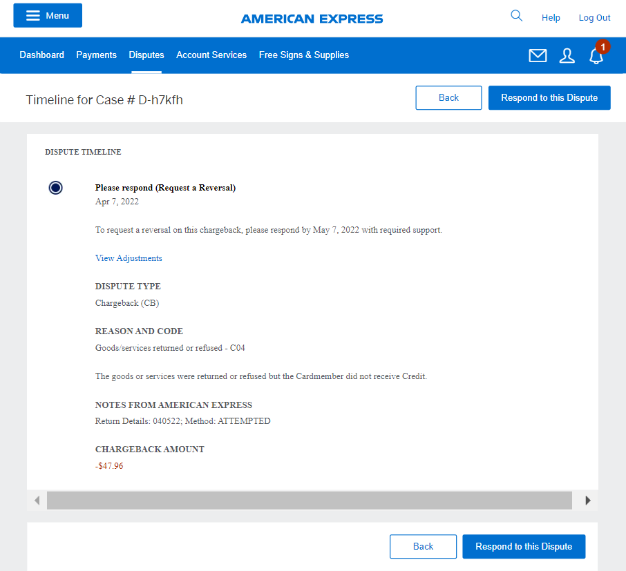Screenshot of the respond to this dispute button