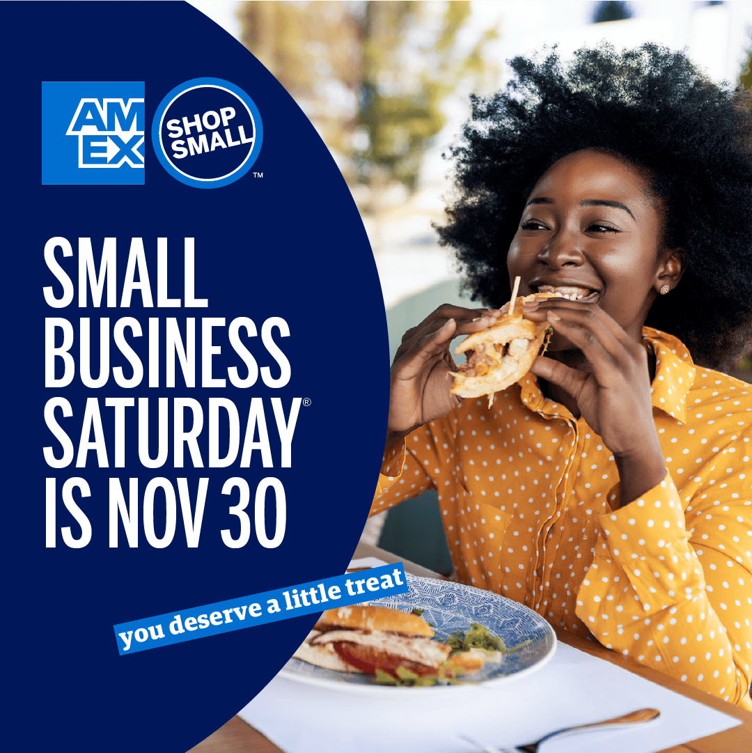 Graphic that reads "Small Business Saturday is Nov 30" with an image of a woman eating at a restaurant