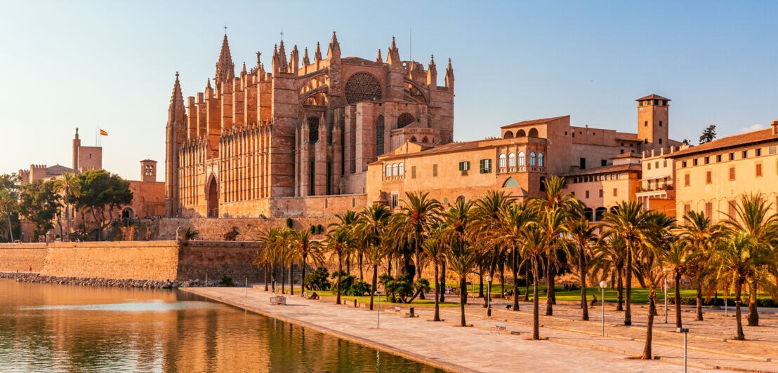 Monumentale sandsteinfarbene Kathedrale im gotischen Baustil in Palma de Mallorca.