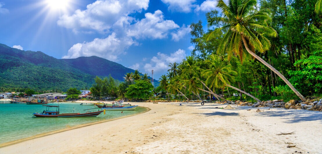 Palmengesäumter Sandstrand an türkisblauem Meer mit Fischerbooten, im Hintergrund eine Hügelkette mit Dschungel.