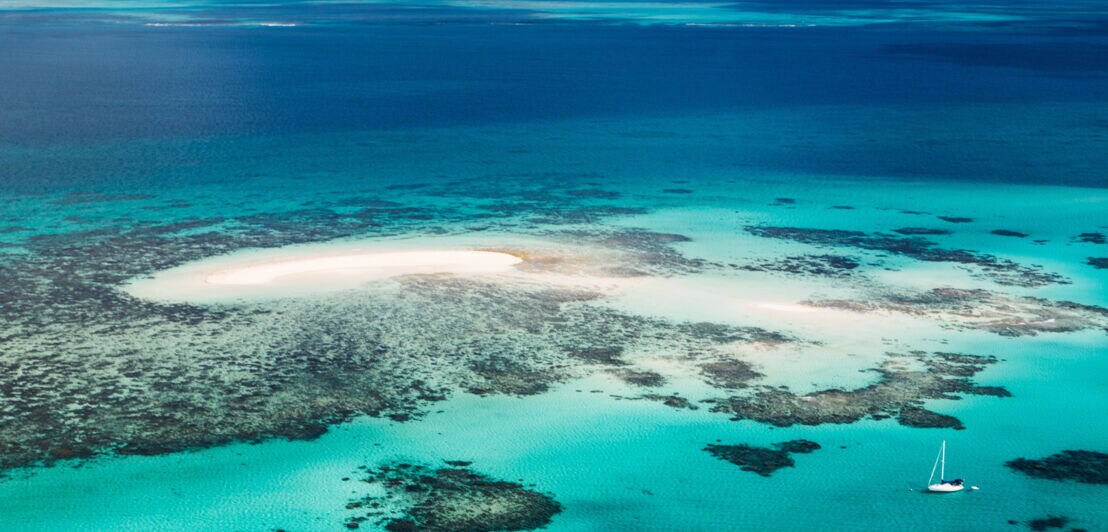 Luftaufnahme des Great Barrier Reefs mit Segelboot im türkisblauen Wasser.