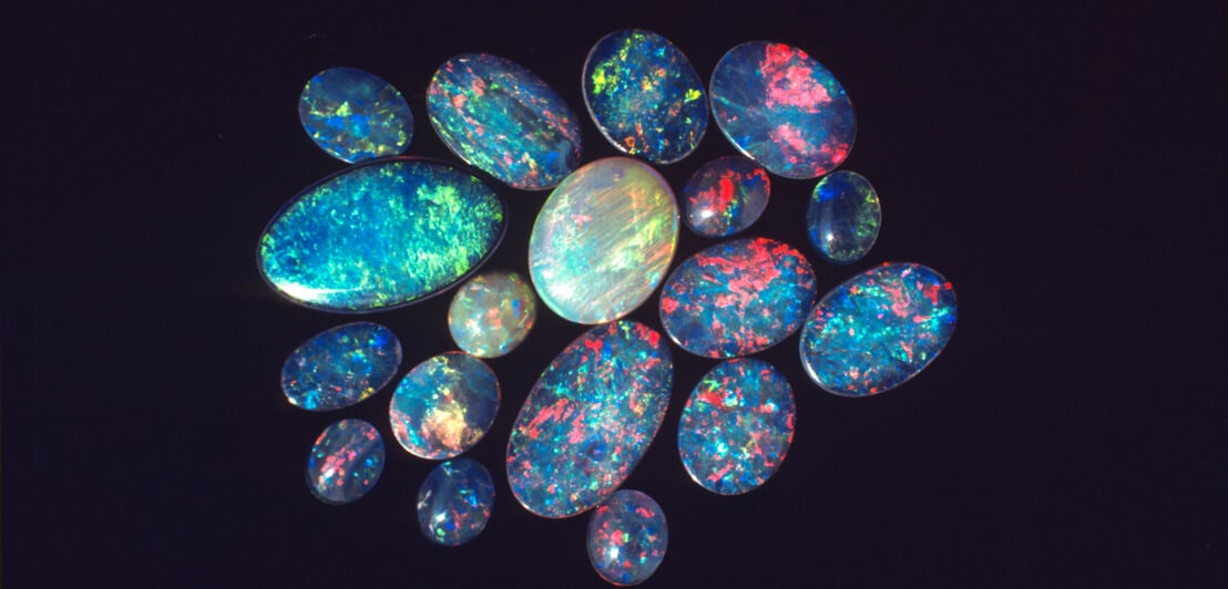 Aufsicht mehrerer blauschimmernder Opale auf schwarzem Untergrund.