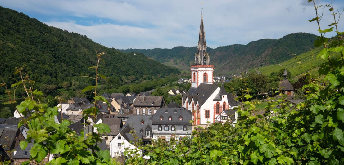 Ort Ediger-Eller an der Mosel mit Kirche und grüner Landschaft im Hintergrund.