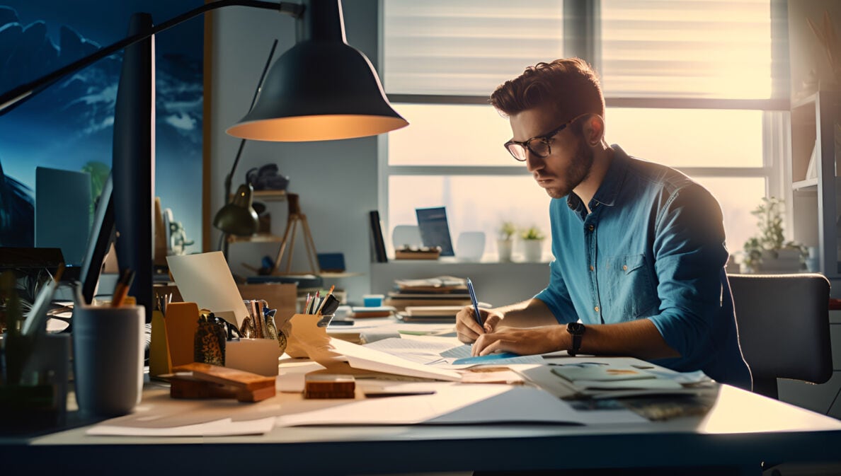 KI-generiertes Bild eines jungen Mannes mit braunen Haaren und blauem Hemd, der an einem Schreibtisch arbeitet und sich Notizen macht.