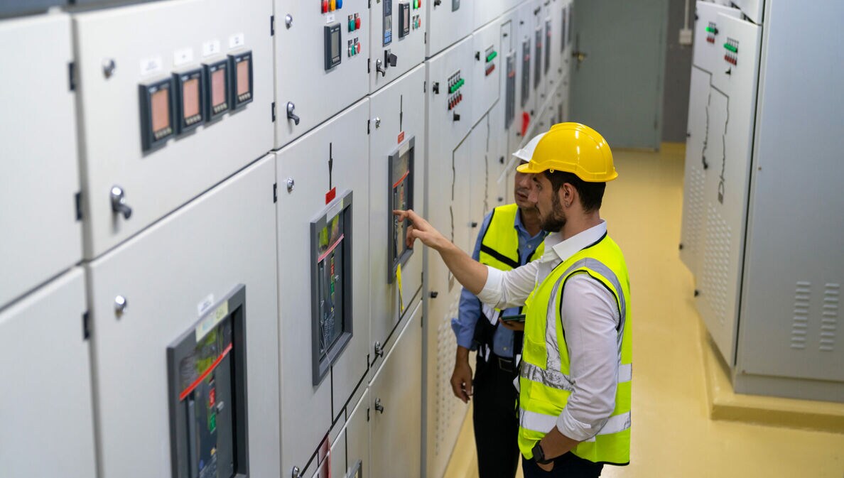 Zwei Elektroingenieure in Sicherheitskleidung kontrollieren die Stromversorgung