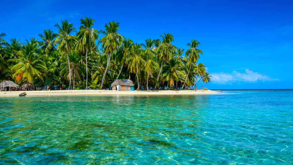 Eine kleine Insel mit Palmen umgeben von türkisblauem Meer.