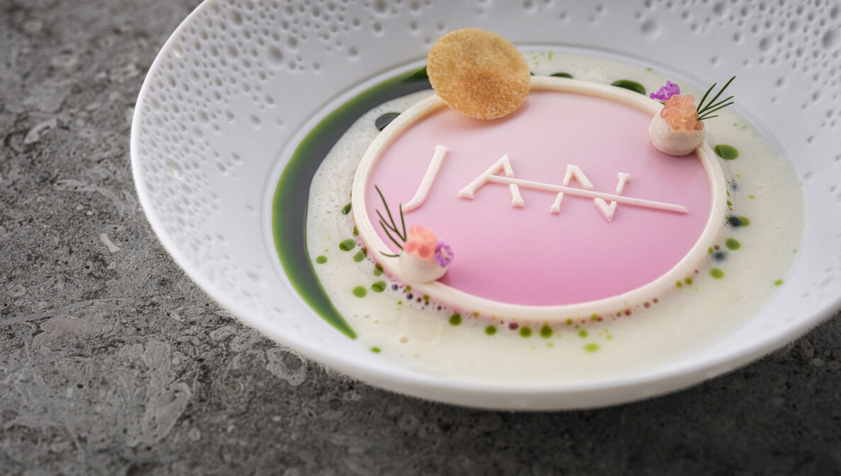 Eine kunstvoll angerichtete Speise in Pastelltönen mit dem Schriftzug JAN auf einem weißen Teller.