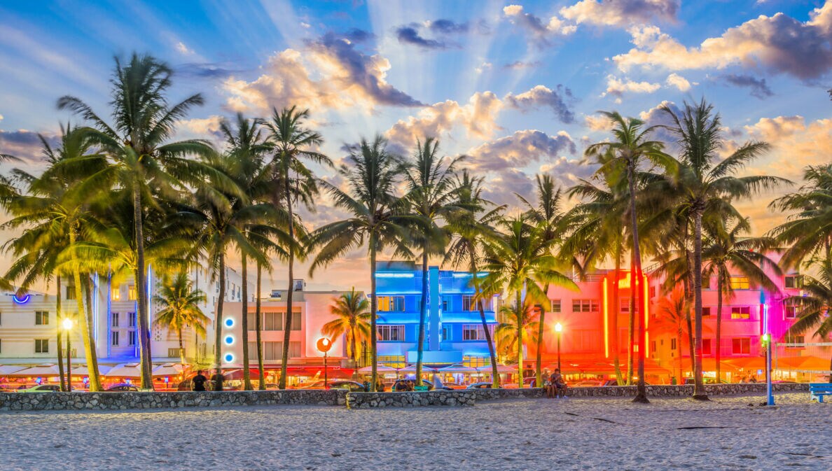 Strandpromenade mit Palmen und Art-déco-Gebäuden mit Neon-Beleuchtung am Abend.