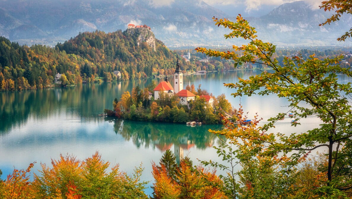 Gletschersee in Slowenien, in dessen Mitte sich eine Insel mit Kapelle befindet.