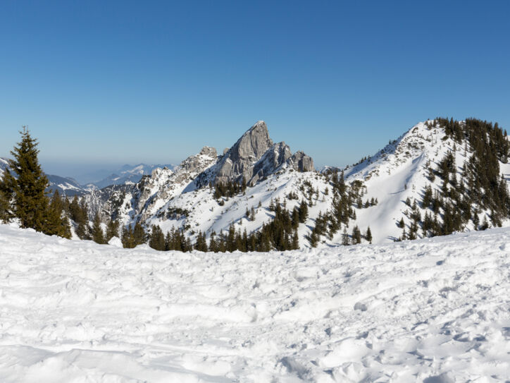 Blick auf die teilweise verschneiten Gipfel des Mangfallgebirges bei blauem Himmel