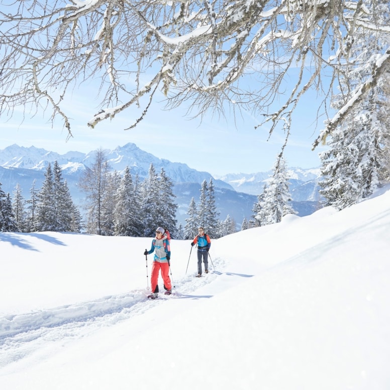 Zwei Wandernde mit Stöcken in einer verschneiten Berglandschaft