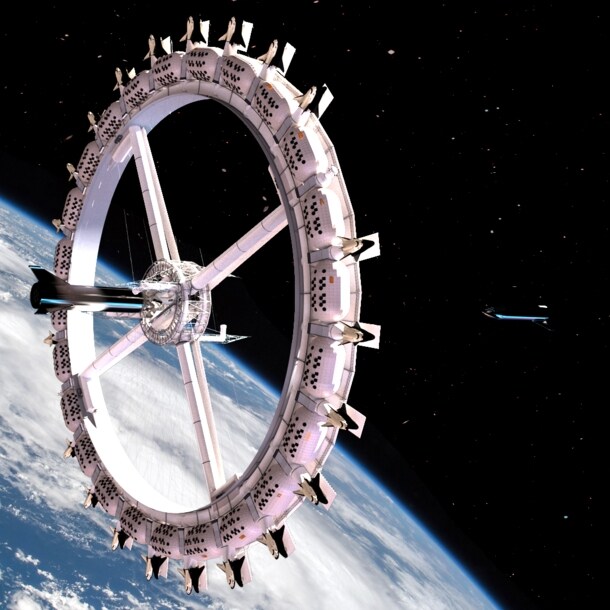 Ein ringförmiges Weltraumhotel schwebt über der Erde