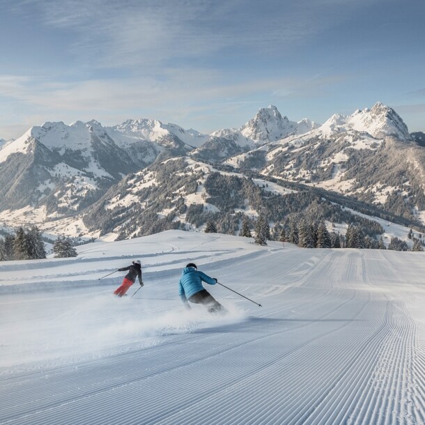 Rückansicht zweier Skifahrenden auf einer Piste vor Gipfelpanorama.