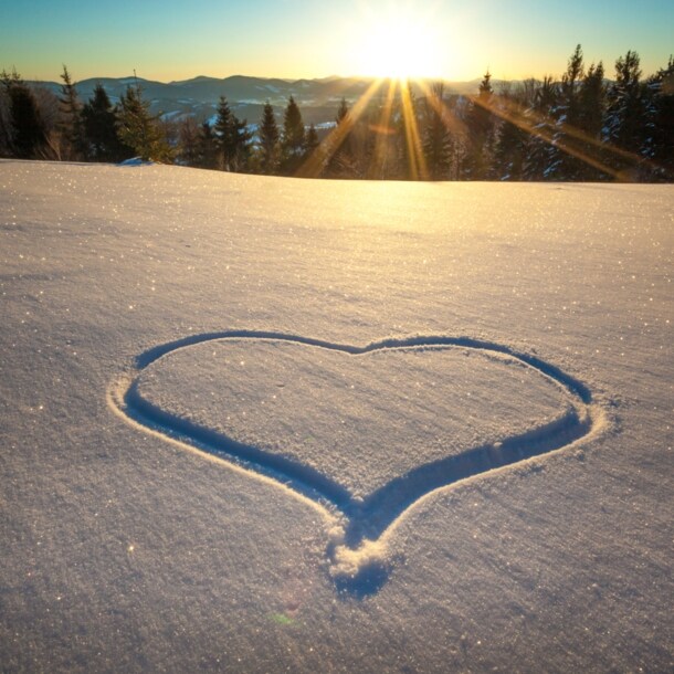 Ein Herz in den Schnee gezeichnet, im Hintergrund ein Wald und Berge