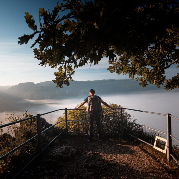Ein Wanderer schaut auf das Donautal
