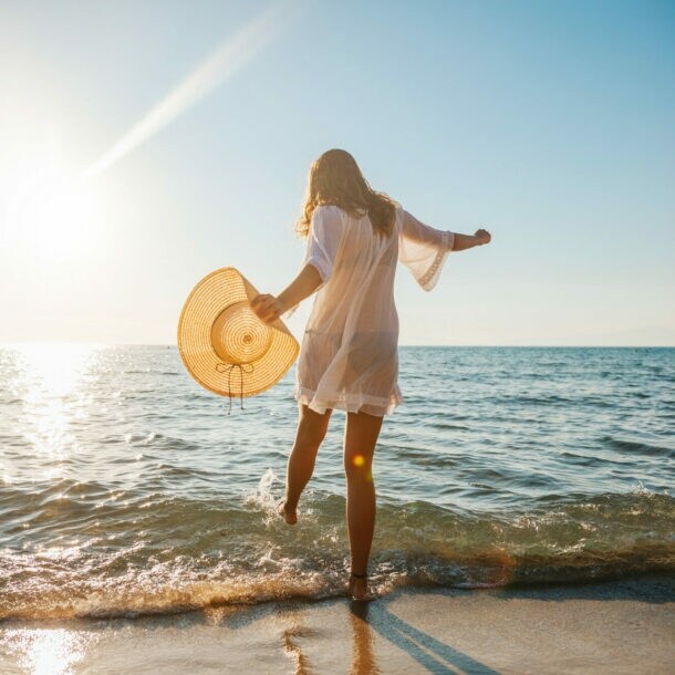 Eine junge Frau im weißen Sommerkleid und mit Strohhut in der Hand planscht mit ihrem Fuß im Wasser an einem Sandstrand am Meer bei Sonnenuntergang