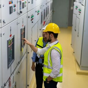 Zwei Elektroingenieure in Sicherheitskleidung kontrollieren die Stromversorgung