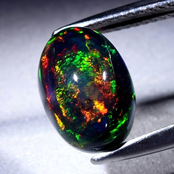 Nahaufnahme eines ovalen schwarzen Opals mit buntem Farbenspiel zwischen einer Pinzette.