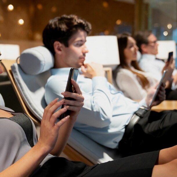 Vier Personen nebeneinander auf Liegen in einer Flughafen-Lounge.