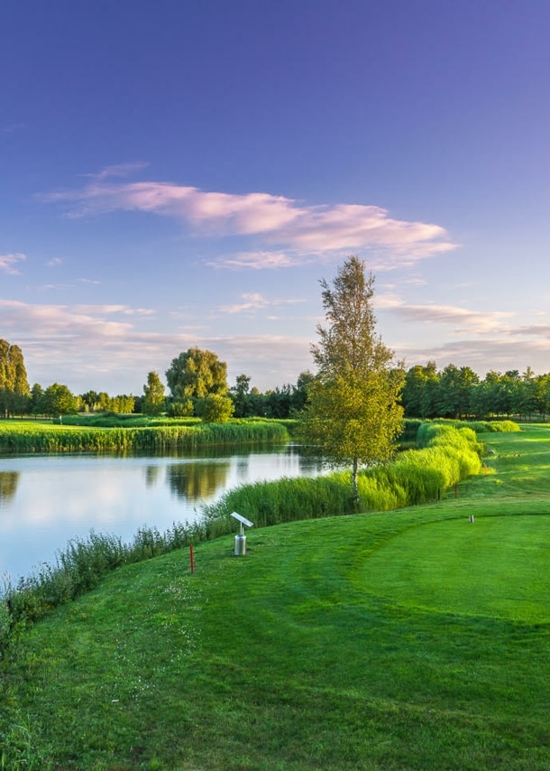 Blick auf ein am Teich gelegenes Grün auf dem Golfplatz Bad Zwischenahn
