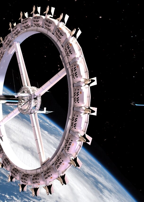 Ein ringförmiges Weltraumhotel schwebt über der Erde