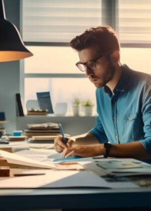 KI-generiertes Bild eines jungen Mannes mit braunen Haaren und blauem Hemd, der an einem Schreibtisch arbeitet und sich Notizen macht.