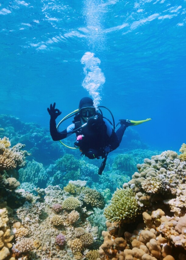 Eine Taucherin gibt Handzeichen hinter einem Korallengarten.