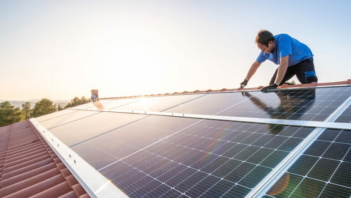 Handwerker installiert Solarmodule auf einem Hausdach