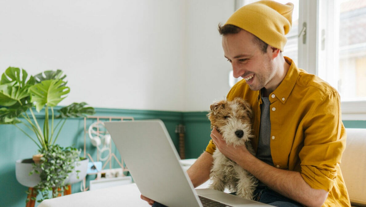 Eine Person sitzt auf einem Sofa, krault einen Hund auf dem Schoß und blickt in ein geöffnetes Notebook.