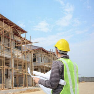 Ingenieur mit gelbem Schutzhelm steht vor einer Hausbau-Baustelle und überprüft seine Pläne